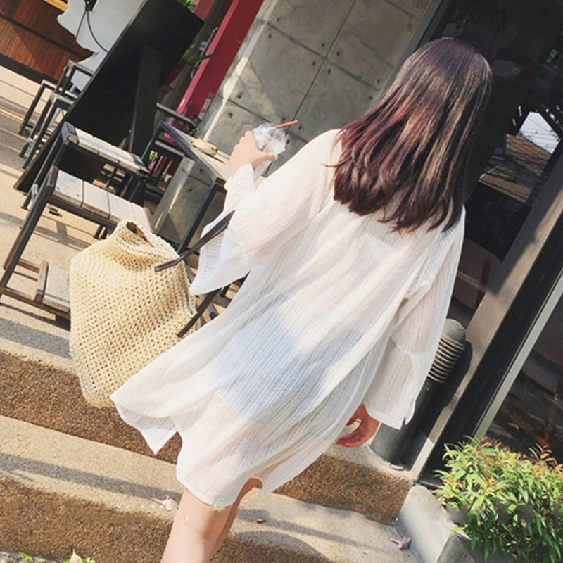 

Beach Sun Suit Fairy Long Sleeve Summer Korean Version Shirt Medium Long Chiffon Cardigan Seaside Holiday Loose Thin Coat, Black
