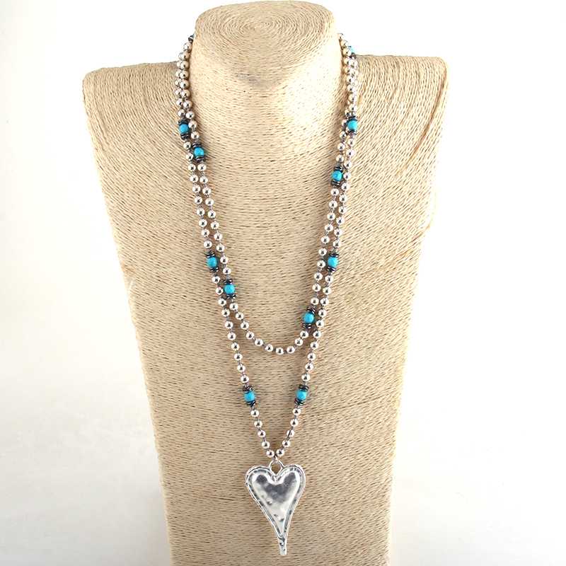 

RH Fashion Bohemian Tribal Jewelry 6mm Metal Beads / Turq Long Knotted Metal Heart Pendant Necklace For Women Necklaces