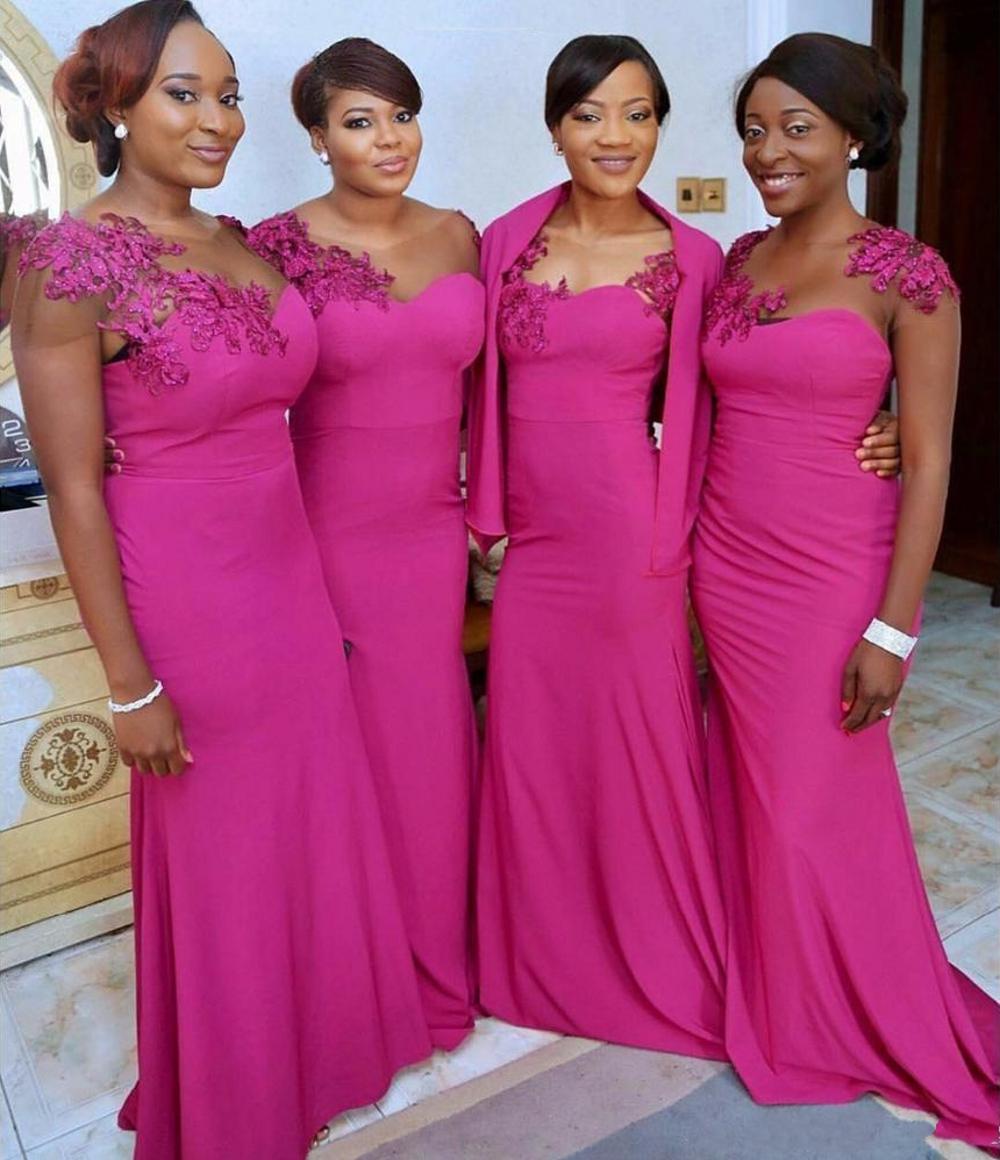 African Bridesmaids Dresses Mermaid Bridal With Fuchsia Lace Appliques Sheer Jewel Neck Chiffon Sweep Train Elegant Prom Evening Gowns