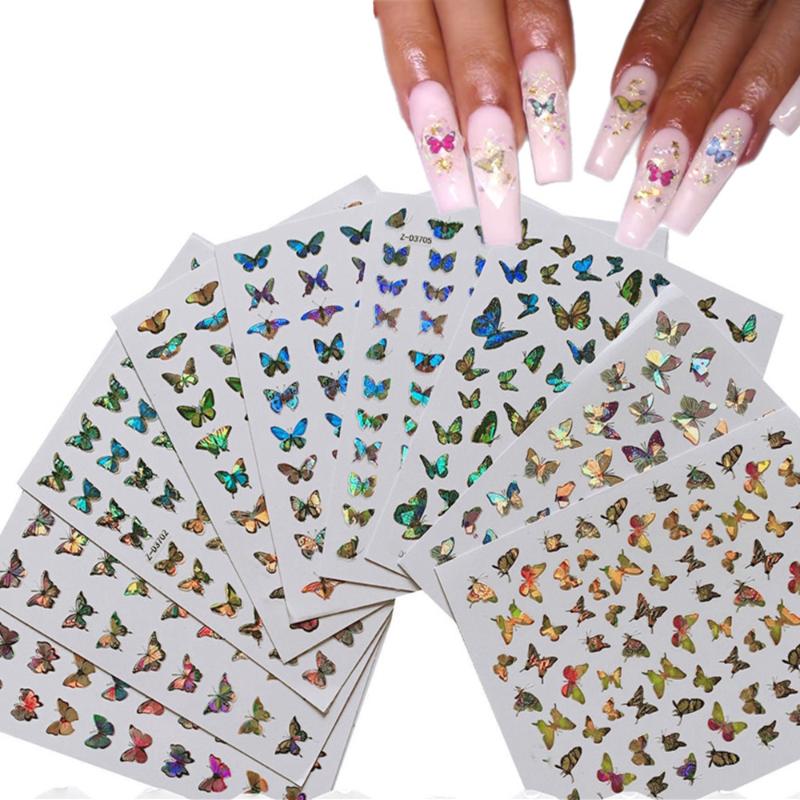 

9Pcs Nail Art Laser Color Butterfly Sticker Set Summer Autumn Nail Decal Designs Manicure Decoration Tools, Laser butterfly-9pcs