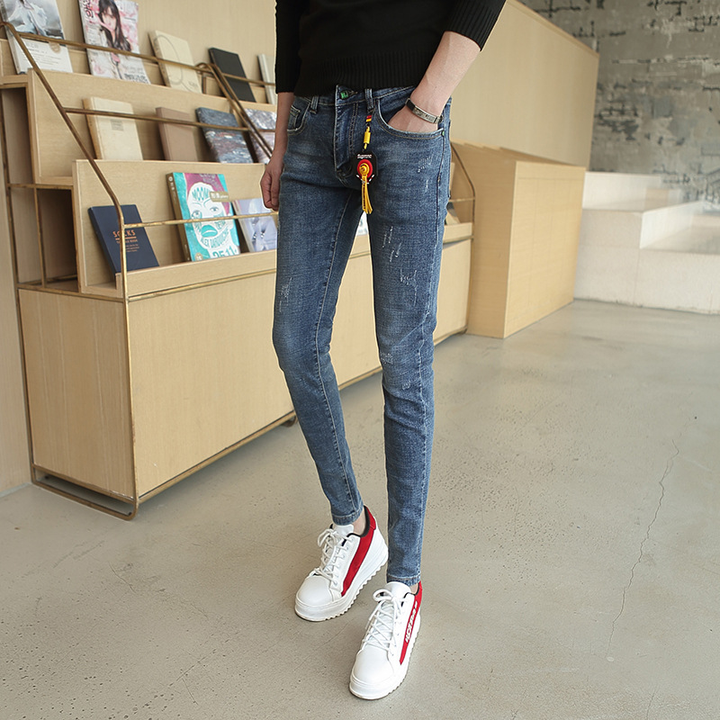 

New 2020 Fashion Casual skinny teenagers simple trousers jeans men Korean the slim elastic feet autumn boys thin Denim pants, Blue