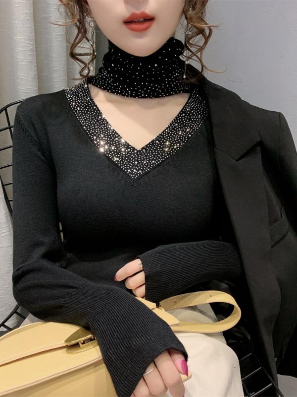 

New Winter Sexy Thick Sweater Women' Long-Sleeve Sweater Bottoming Shirt Halter Top Ladies Bodycon T Stretch Sweter Jumper Top, Black