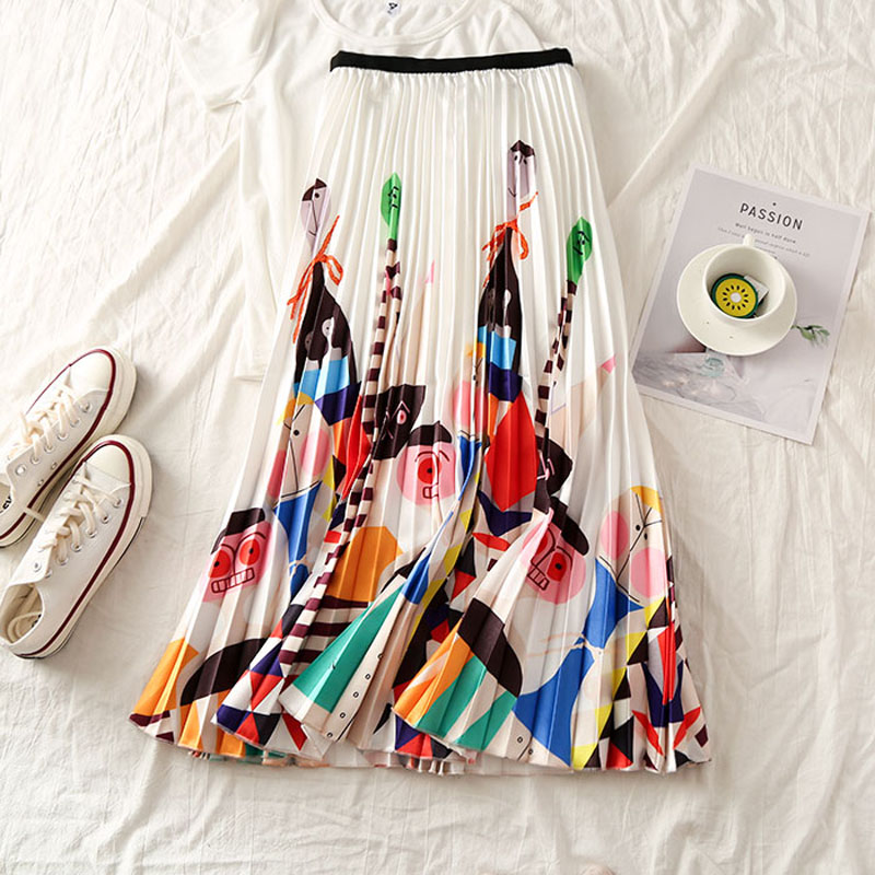 

2020 summer women's printed pleated skirt large swing girl tide long cartoon print high waist slimming organ pleated skirt, Black