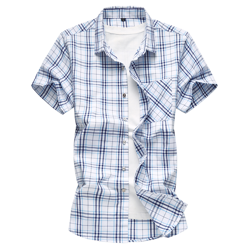 

2019 New fashion Summer Shirt Men Plaid Casual Short Sleeve Men Shirts Slim Fit Streetwear Men' shirts Plus Size -7XL, Blue