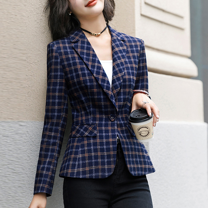 

Female Plaid Blazer Jacket Basic Coat Plus size Suit Women Outwear 2020 Autumn Outerwear Clothing Casacos Femininos Lady Blue, Light blue