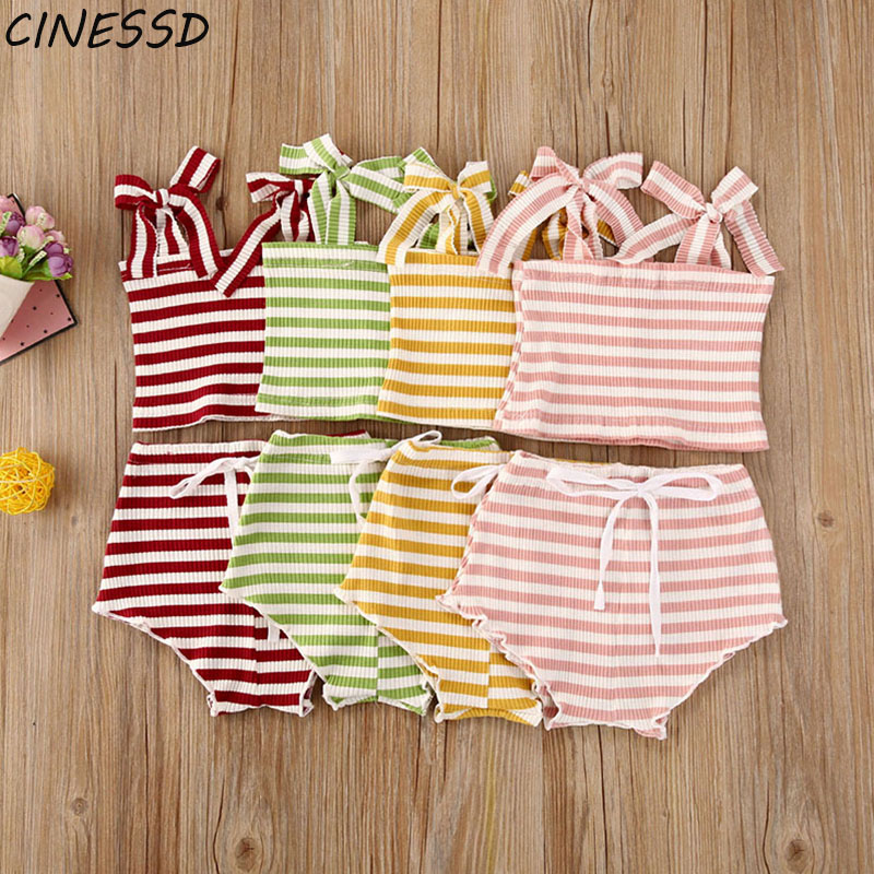 

2020 Summer Girls Clothes Set Children Kids Sling Striped Tops+Shorts 2Pcs Baby Girl Clothing Suit roupa infantil 0-24M, Green