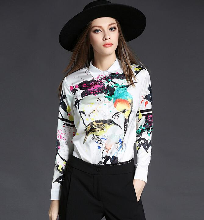 

spring summer Flora Birds printing Long Sleeve blouses Single-breast OL style white shirts lapel neck women shirts, Multi