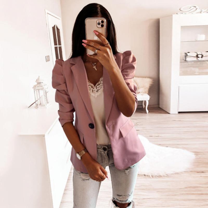 

Women Casual Pink Coat 2020 Spring Summer Fashion Lapel Sleeve Half Sleeve Coat Slim Fit Single Button Pleated Jacket D30