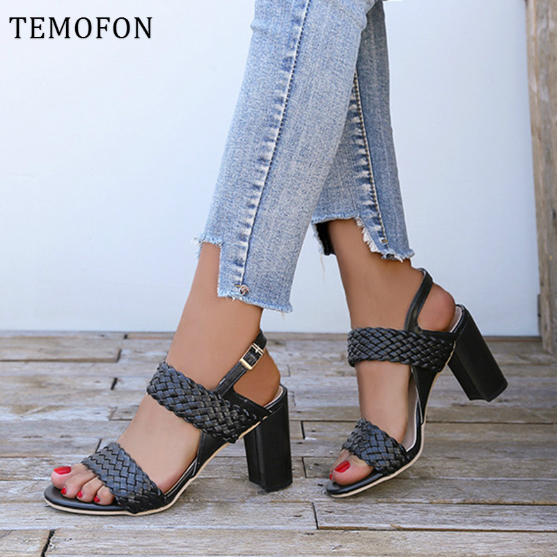 

TEMOFON high heel sandals women summer shoes peep toe square heel sandals large size women shoes gladiator footwear new HVT1175, White
