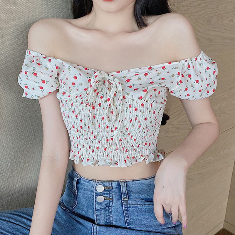 

Women's Chiffon Shirt Fashion Sweet Floral Print Ruffles Blouse Sexy Off Shoulder Slash Neck Short Sleeve Crop Tops, White