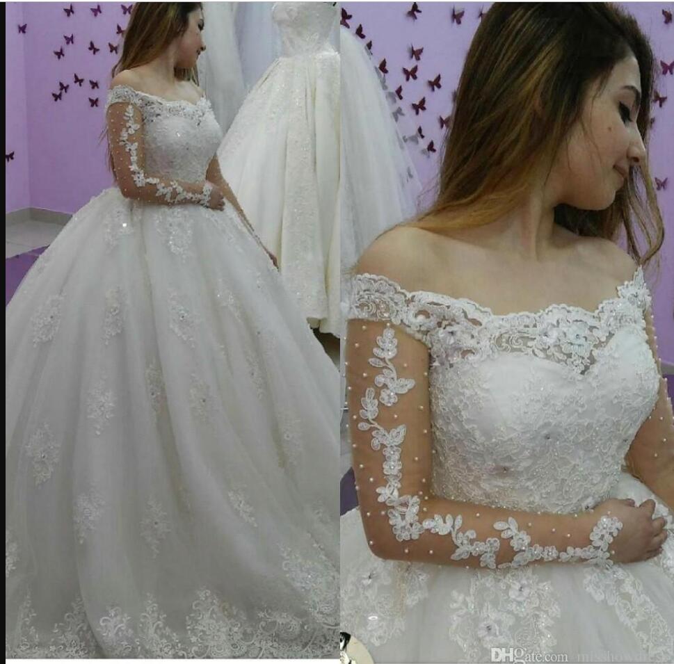 

Luxury Off The Shoulder Lace Ball Gown Wedding Dresses Long Sleeves Beaded Chapel Train Wedding Bridal Gowns BA7615, Red