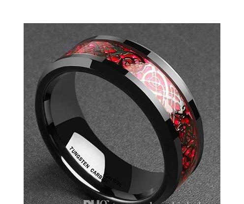 De carburo de tungsteno para hombre mujer Anillo de boda embutido de fibra de carbono Negro y Rojo