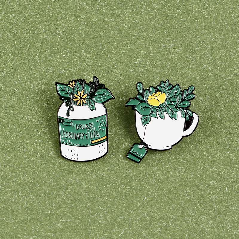 

Happy Life Enamel Brooches Green Plants Leafes Tea Bag Custom Lapel Pins Coffee Cup Yellow Flowers Shirt Badge Jewelry Gift