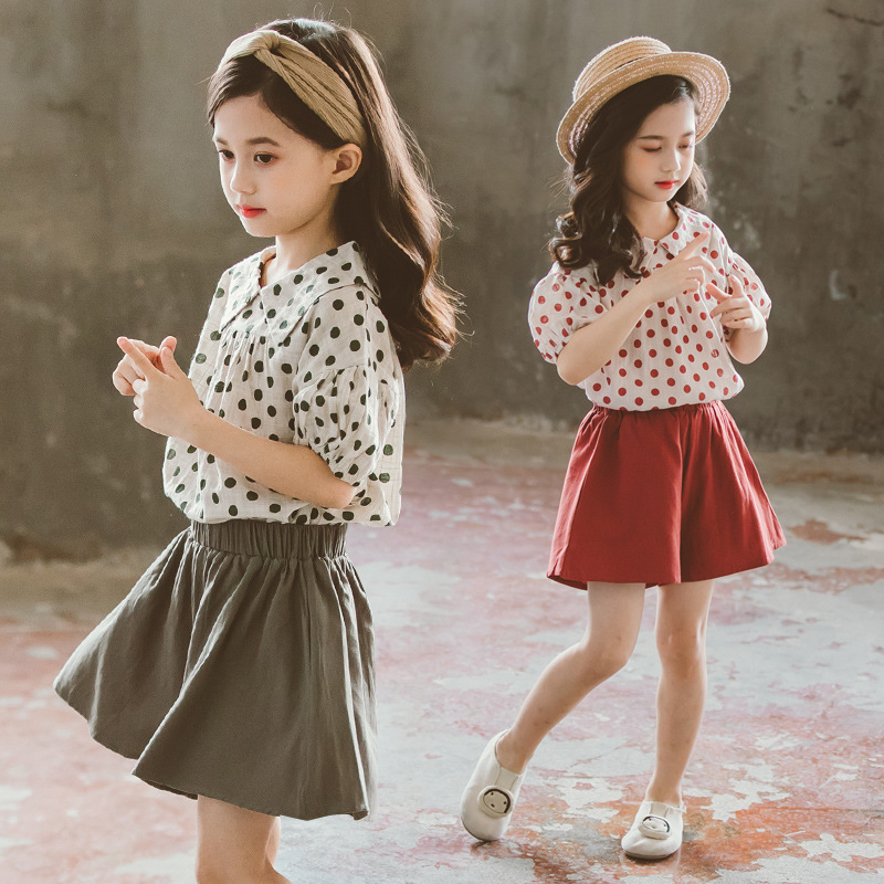 

2020 Girls' Polka Point Short Sleeve + Shorts Suit Children Clothing Summer Two Piece Sets Kids Casual Outfits, Green