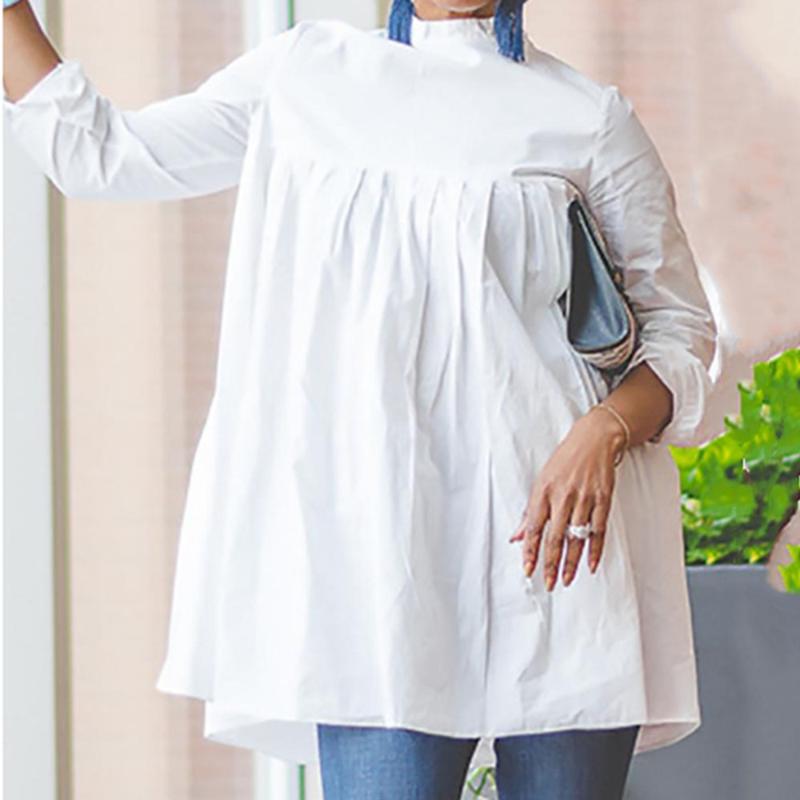 

Blouse Tops 2020 Autumn Plain Office Lady Work Shirts African Pleated Pullover Long Sleeve Female Blouse Shirts Stand Collar, White