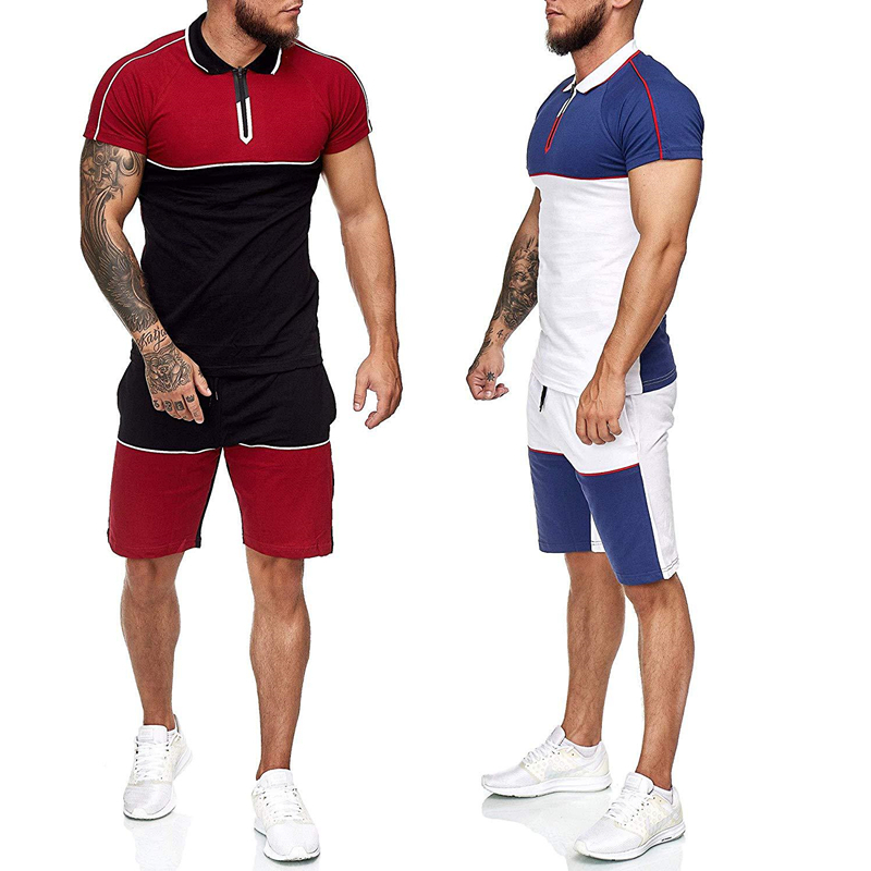 Mens Sweat Suits 2 Piece Outfit Tracksuit Sport Sets Man Patchwork Short Sleeve T Shirt + Pants Summer Casual Fitness Sportwear