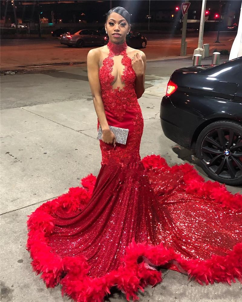 

Sexy Red Mermaid Prom Dresses 2020 Feather Halter Neck Vintage Lace Sequined Lace African Arabic Formal Party Dress Evening Wear, Gray