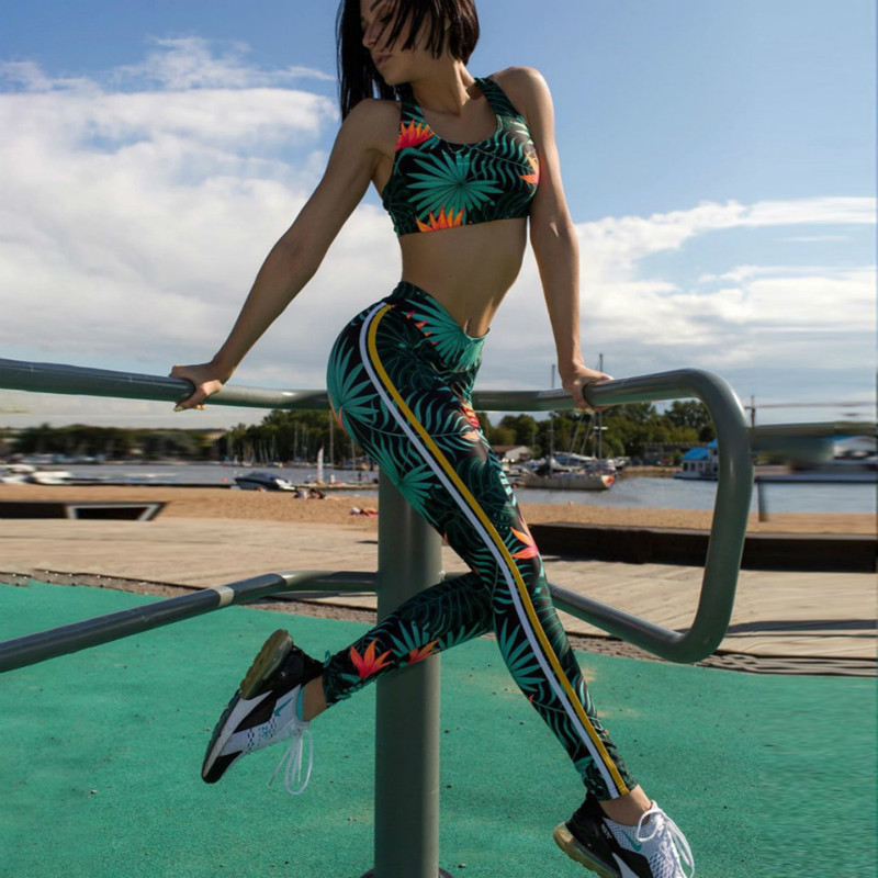 

2 Pcs Floral Print Women Yoga Set Running Fitness Jogging Sleeveless Bras Gym Sportswear Workout Leggings Tracksuits For Women, Green