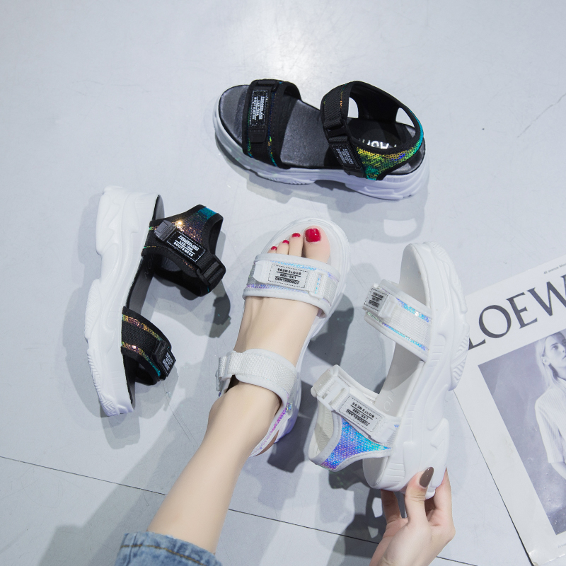 

2020 thick bottom wild female summer new wedge heel high-heeled sports increased fairy cool beach Z470, Black