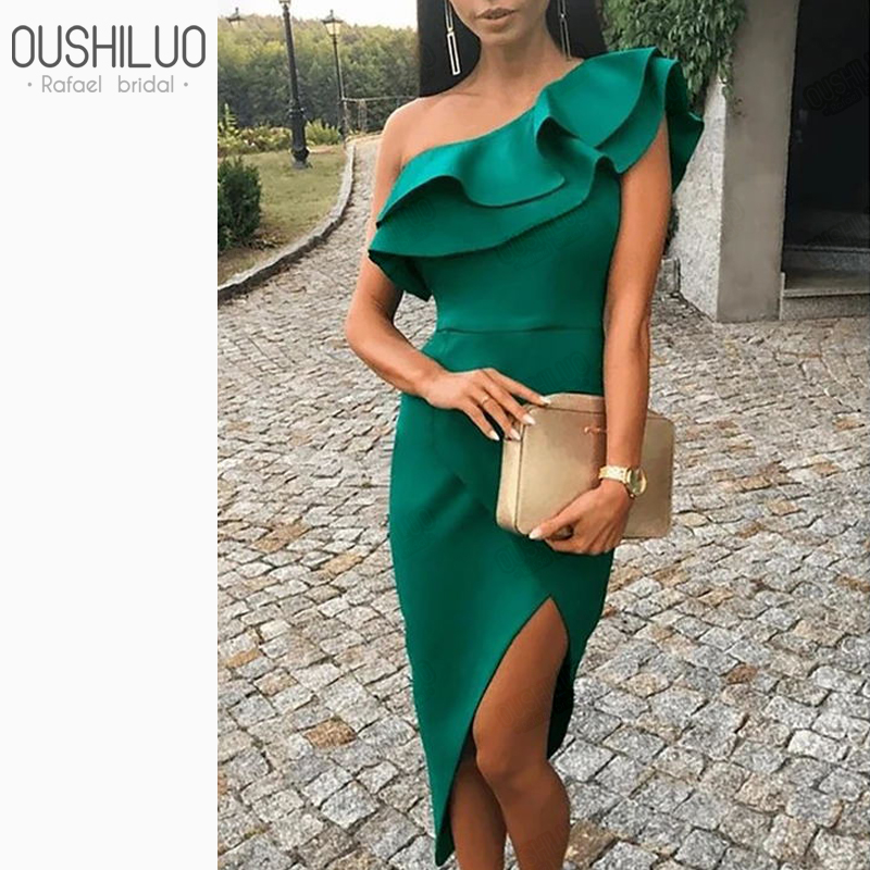 

Emerald Satin Sheath Prom Dresses Asymmetrical Skirt Summer One Shoulder Tiered Ruffles Length Bandage Party Wear, Purple