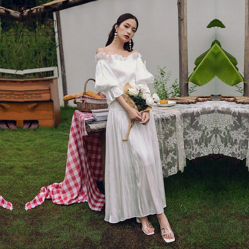 

Sexy Off Shoulder Boho Dress Strapless Lantern Sleeve High Waist Summer Dresses Woman Maxi Party Princess Dress Long Sundress, Clear