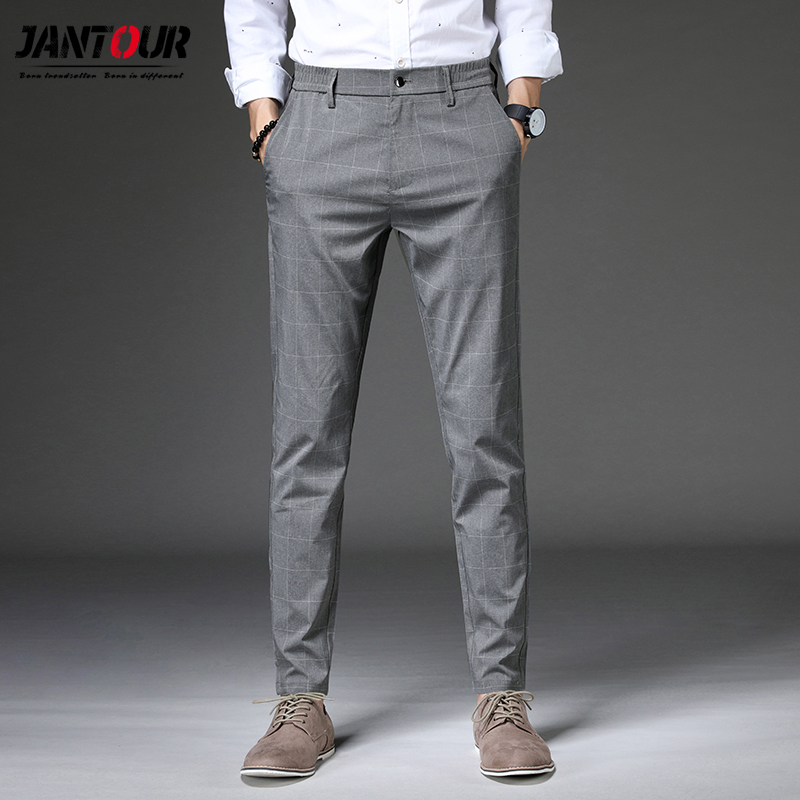 

Brand Pants Men Summer Fashion Commerce Casual Pants Man Straight Business lattice Suit Trousers Mens Pant Size 32 33 34 36 38, Gray