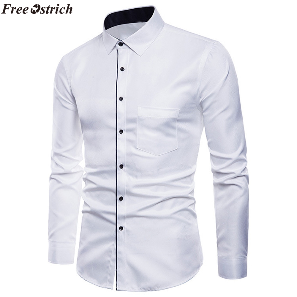 

FREE OSTRICH Mens Long Sleeve Solid Color Oxford Formal Casual Winter Autumn Turn-down Collar Suits Slim Fit Dress Shirts Top, Blue