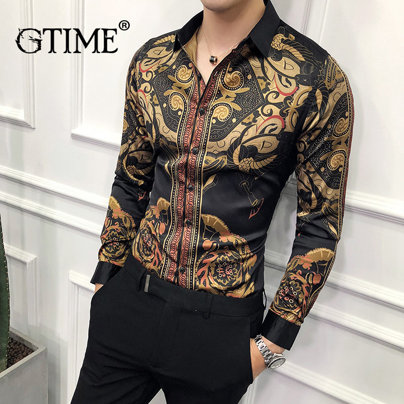 

Men's Casual Shirts Gtime Luxury Gold Black Shirt Men 2022 New Slim Fit Long Sleeve Chemise Homme Social Club Prom Shirt ZS36