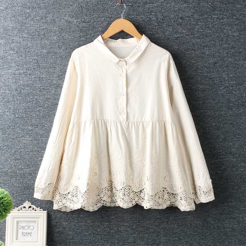 

2020 Spring Women Sweet Shirt Tops Hollowed-out Mori Girl Embroidery Long-sleeve Loose Cotton Linen Female Casual Harajuku Shirt, White