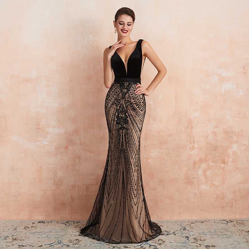 

2020 Sexy Backless Women Evening Dress Black V Neckline Floor Length Mermaid Lace Appliqued Formal Evening Part Dress