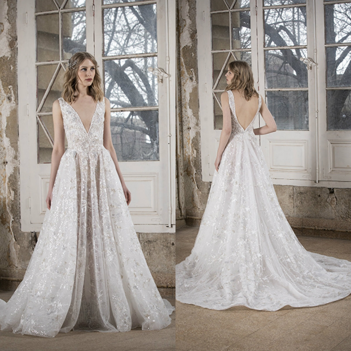 

Tony Ward 2020 Wedding Dresses V Neck Full Lace Sequins Bridal Gowns Backless Sweep Train A Line Wedding Dress Robe De Mariee, Champagne