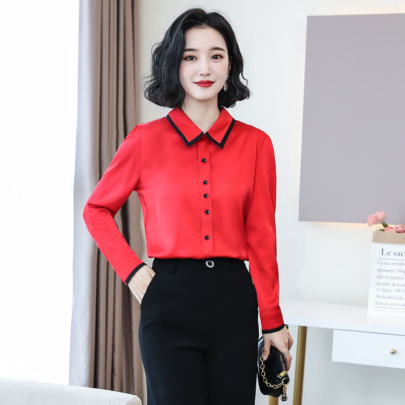 

Korean Fashion Silk Women Blouses Satin Solid Womens Tops and Blouses Plus Size Red Long Sleeve Women Office Shirts