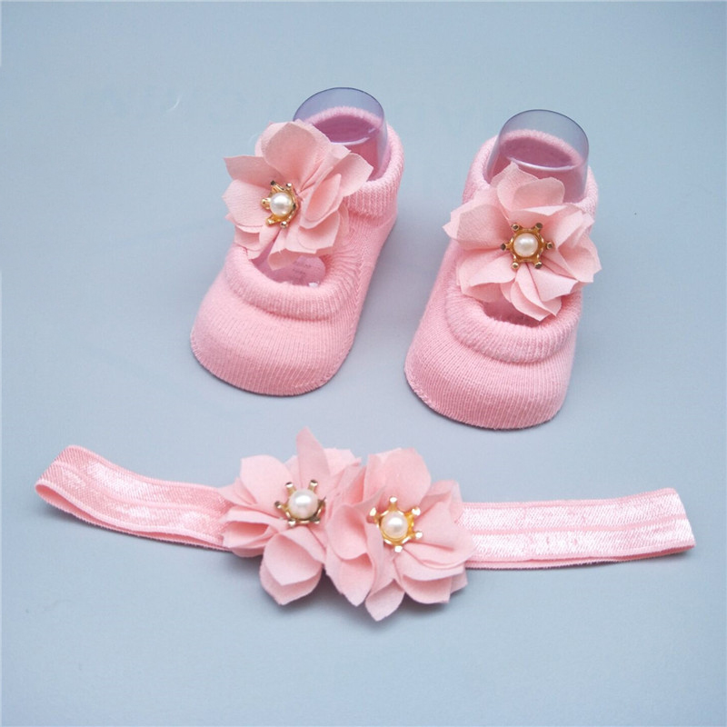 

Cotton Baby Socks Headband Set Girl Newborn Infant Lace Flower Pearl Headband Birthday Party Accessories Anti-Slip Floor Sock, 04