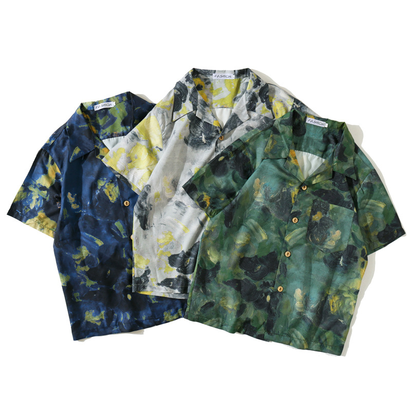 

Men' Top Short Sleeve Shirt Summer Vintage Painting Full Print Shirt Men and Women Trend Hawaii Design Short Sleeve Beach, Gray