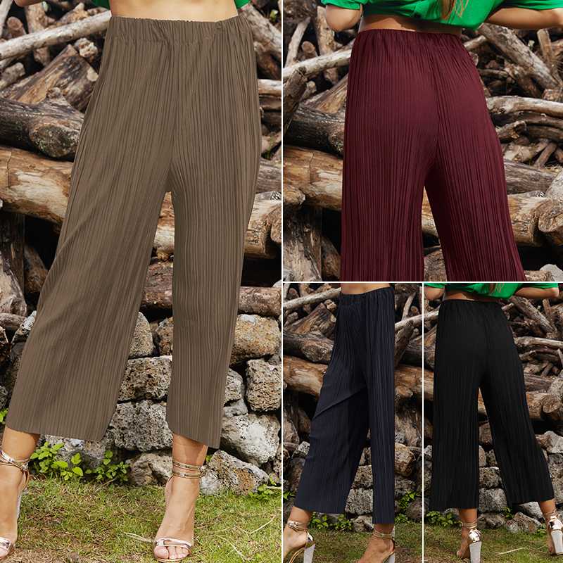 

2020 Summer Pleated Loose Trousers Elastic Waist Thin Section Solid Color Female Trousers High Waist Casual Wide Leg Women Pants, Black
