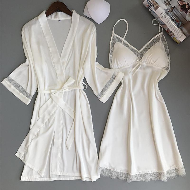 Sexy Femmes Rayon Kimono Peignoir Blanche Mariée De Mariée De Mariée Robe de mariée Ensemble de dentelle garçon de nuit Home Casual Home Vêtement