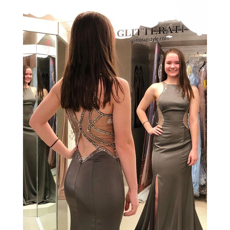

Brown Satin Prom Dresses Sheath Leg Slit Women Formal Dinner Party Dresses See Though Back with Beaded Dazzling Graduation Gowns, Royal blue