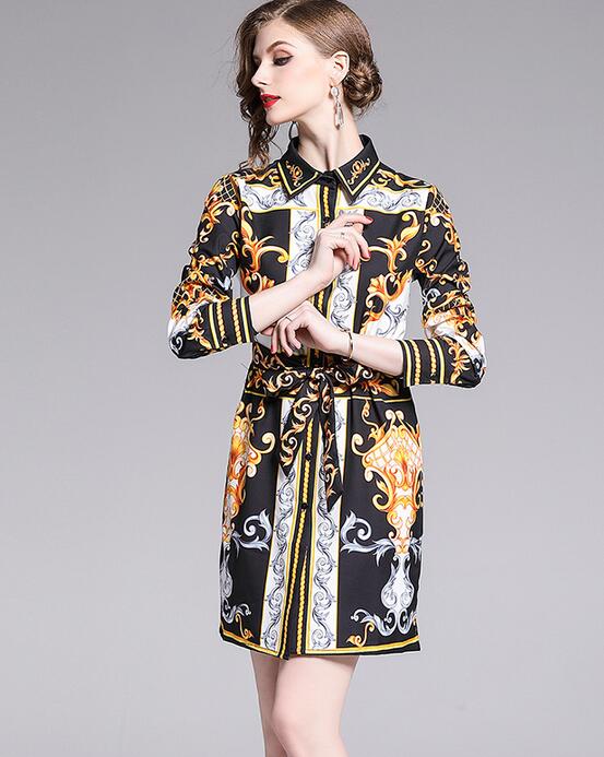 

2019 Flora printed shirt dresses lapel neck Street Style Dresses knee-length autumn, Multi