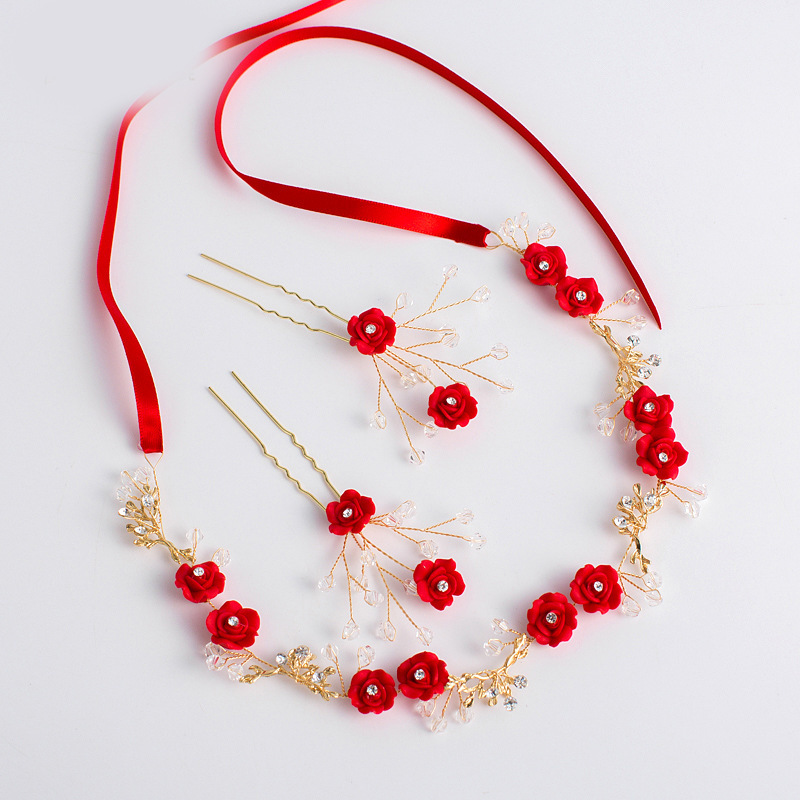 

Korean Bride Headwear Celestial Immortals Beautiful Red Flower Hairpin Toast Serve Hair Band Wedding Dress Full Dress Marry Ornaments