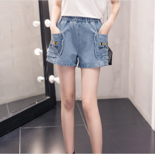 

elastic high waist jeans shorts fashion 2020 summer women shorts with cartoon pockets femme plus size blue denim fw883