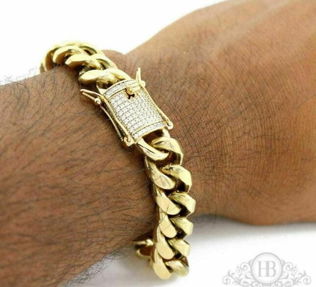 

Men Cuban Miami Link 14mm Thick Bracelet Stainless 14k Gold Plated Diamond Clasp