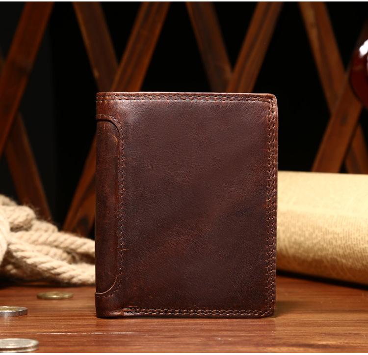 

Crazy horse leather Man Wallet Retro Design Mens Business Purse Short Real Leather large capacity Credit Card Purse luxury billfold, Brown