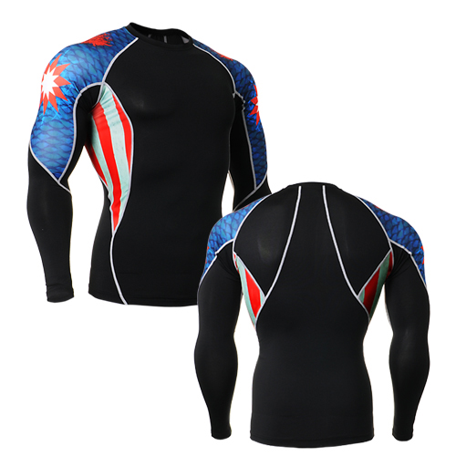 

Brand running t-shirt long sleeve tops flag printed clothing comression base layer apparel for sports jogging, Beige