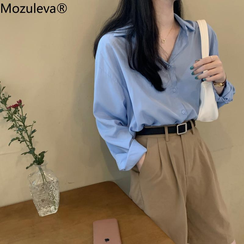 

Mozuleva Elegant Basic Suit Shirt Women 2020 Summer Blouses Loose Solid Office Lady Sunscreen Long Sleeve Shirts Tops Femme, Blue