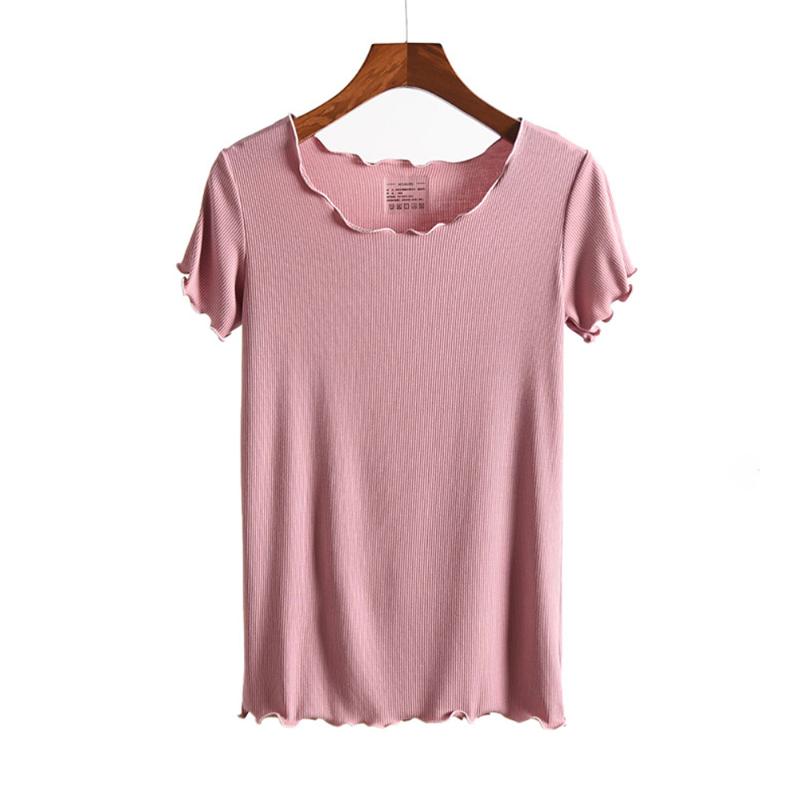 

Vintage Wood ears O neck Short Sleeve T-shirt 2020 New Women Slim Fit T Shirt Tight Tee Summer Ruffles Retro Tops 12 colors, Dark khaki