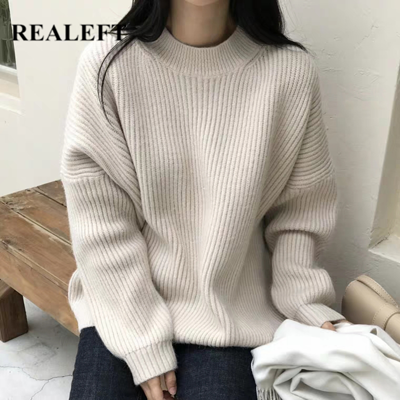 

REALEFT Autumn Winter Women's Sweaters Loose Pullover O-Neck Korean Style Minimalist Casual Knitting Sweater Tops Office Lady 2019 New, Beige
