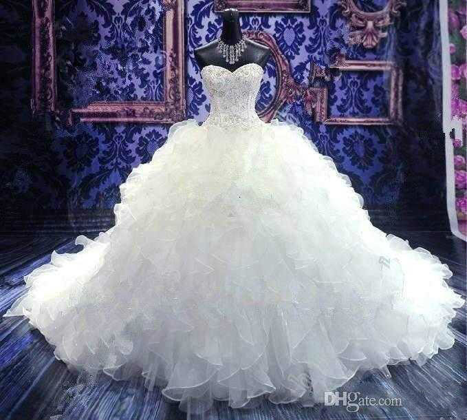 

2020 Luxury Beaded Embroidery Ball Gown Wedding Dresses Princess Gown Corset Sweetheart Organza Ruffles Cathedral Train Bridal Gowns Cheap, White