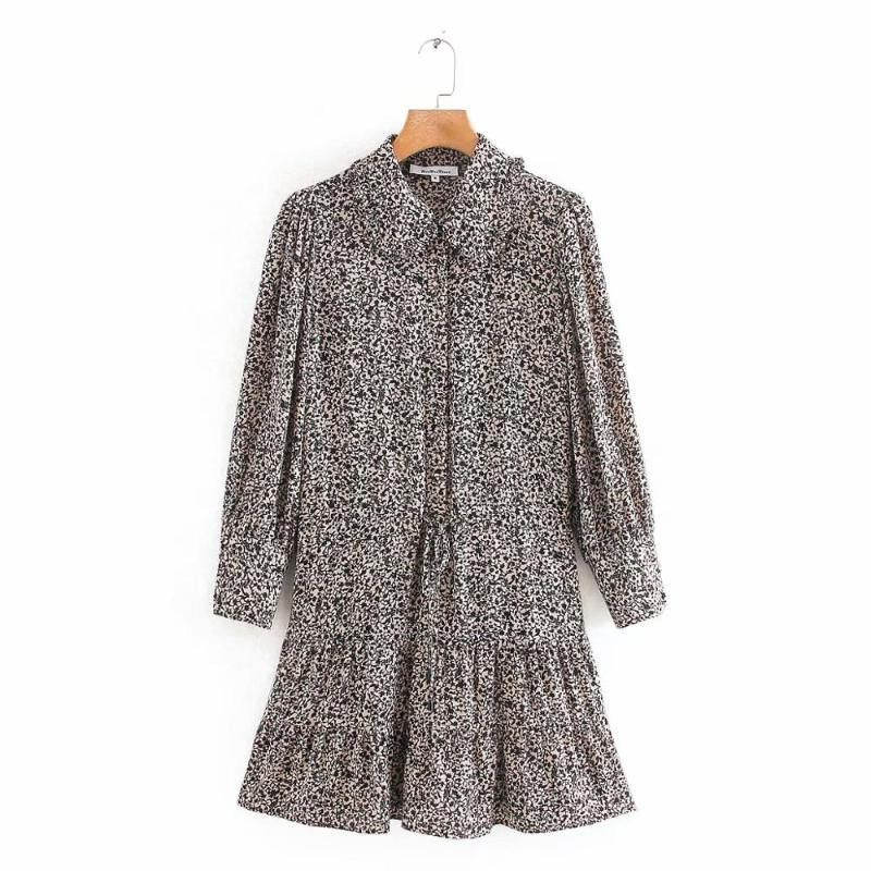 

2020 New Women floral print drawstring lace up shirtdress female turn down collar Vestidos Chic agaric lace Mini Dresses DS3356, As pic ds3356ww