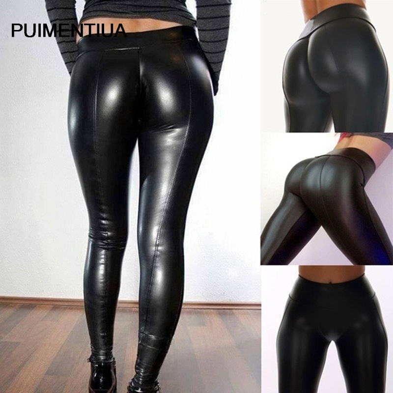 women's black stretch faux leather pants