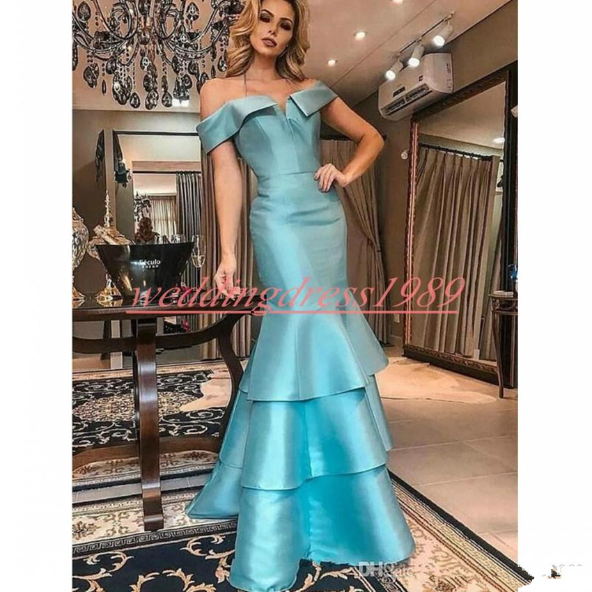 

2020 Stunning Blue Satin Mermaid Evening Dresses Dubai Off Shoulder Tiered Occasion Arabic Plus Size Party Prom Robe De Soiree Pageant Gowns, Khaki